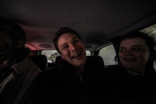 Alex Sebley, Joe Pancucci and Holly Whitaker share the back seat.